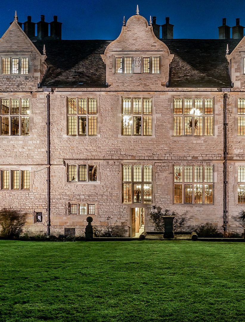 Yarnton manor, back view, at night.